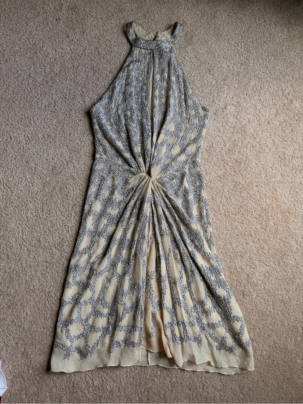 Roberto Cavalli Beaded Halter Midi Dress in Beige and Silver